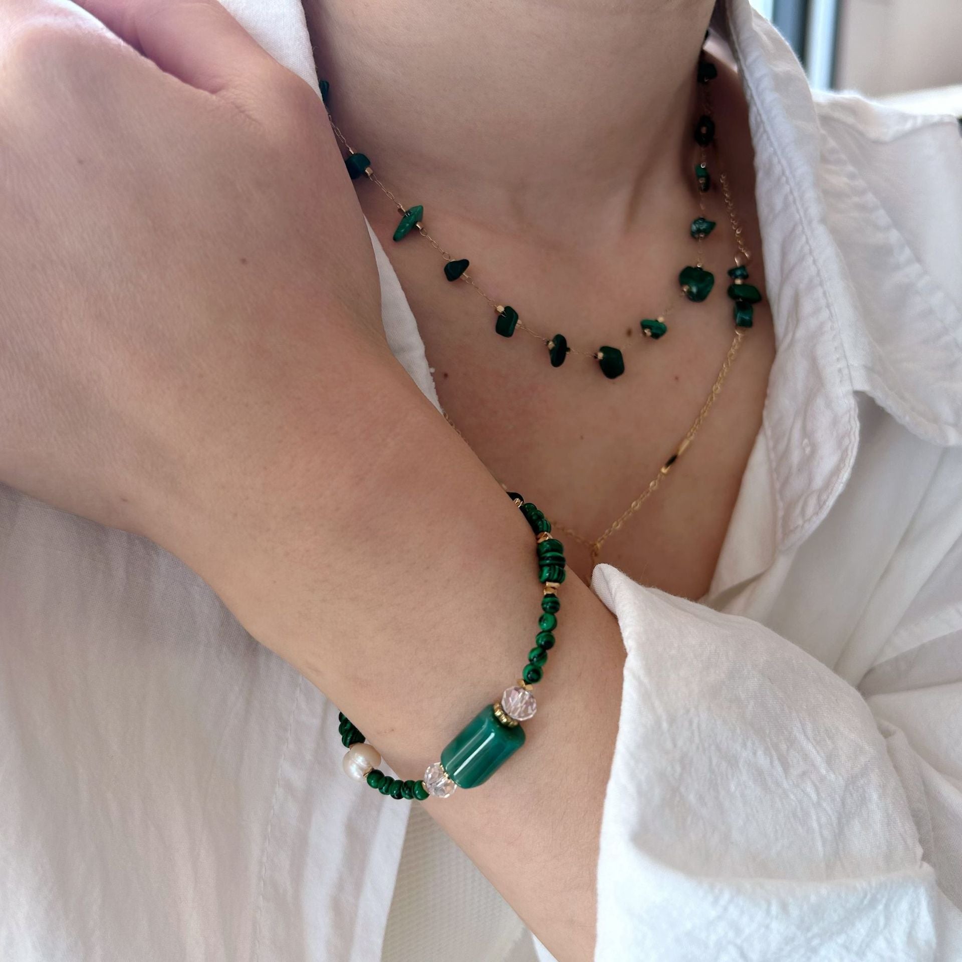 Wholesale Green Onyx  Necklace All-match Natural Retro Personalized  Titanium Steel Necklace