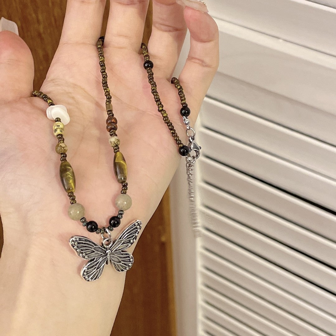 Wholesale Vintage Natural Stone Butterfly Alloy Necklace Titanium Steel ACC-NE-Ziyou002