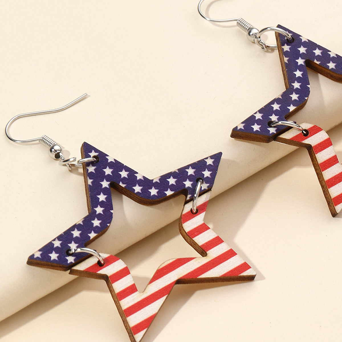 Wholesale Independence Day Hollow Printing Stars Wooden  Earrings