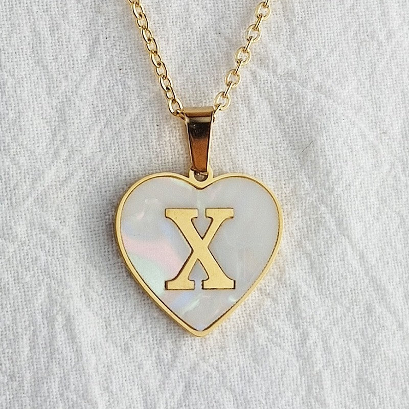 Wholesale 26 English Letters Heart Inlaid Shell Titanium Steel Necklace ACC-NE-DingChao002