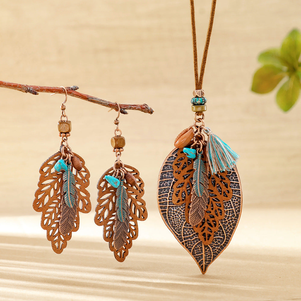 Wholesale European and American Cross-Border New Hot Selling Bohemian Style Retro Fashion Earrings Necklace Personalized Ethnic Style Leaf Earrings