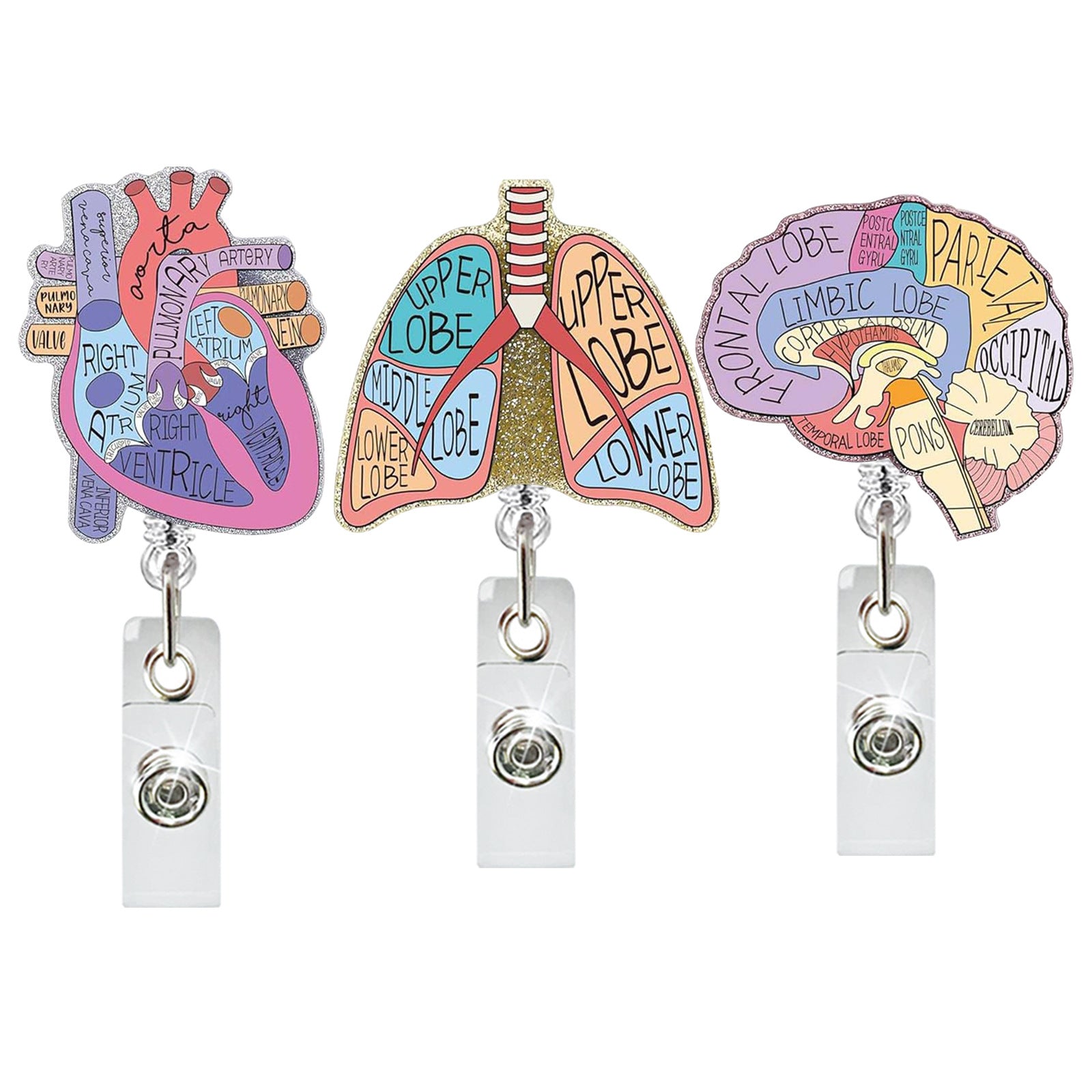 Wholesale Glitter Medical Heart Lung Brain Retractable Badge Reel Boutique ID Holder