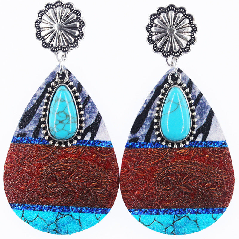 Wholesale Western Denim style leopard print alloy turquoise leather earrings