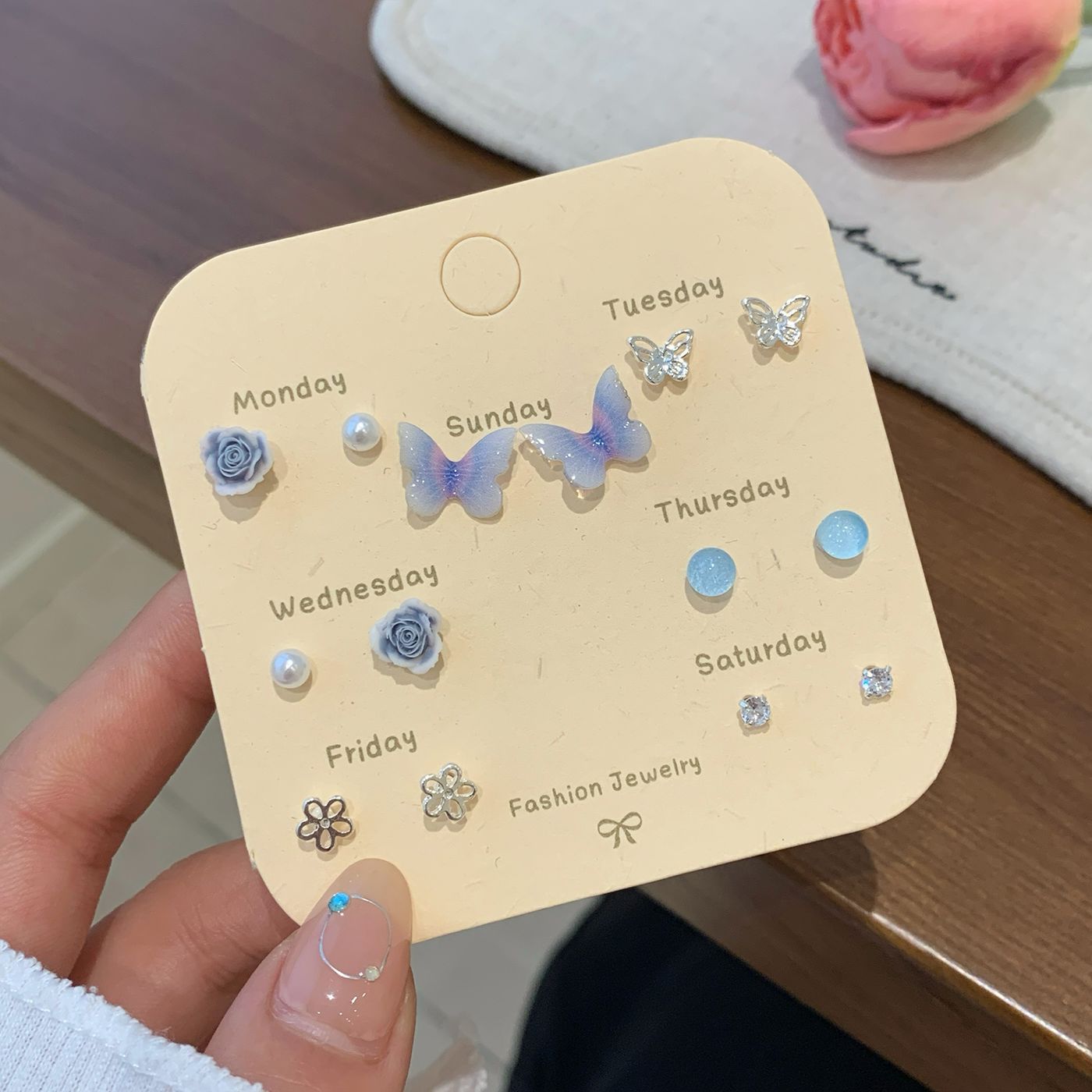 Wholesale Autumn Colorful Butterfly Flower Pearl Earring Set Silver Needle Small Sweet Earrings