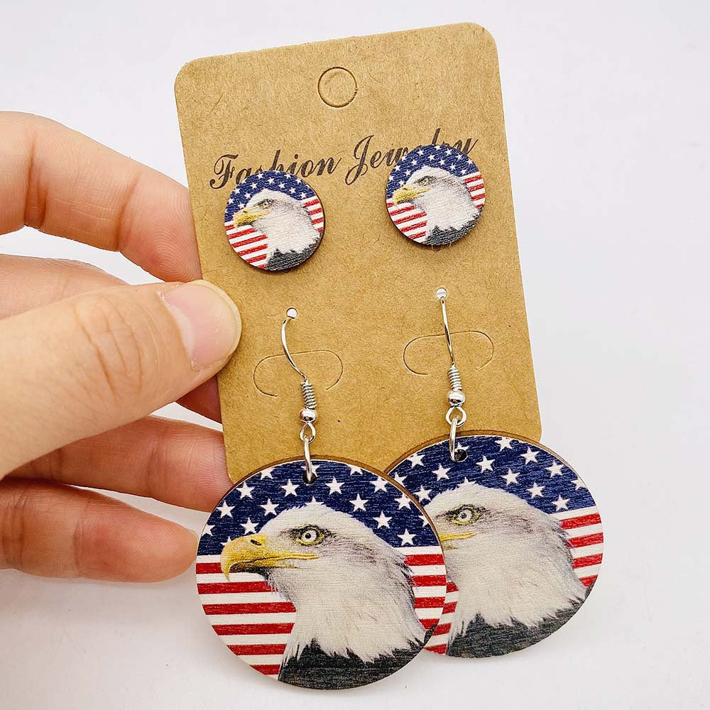 Wholesale Independence Day  American Flag Eagle Round Five-pointed Star Printed Wooden Earrings