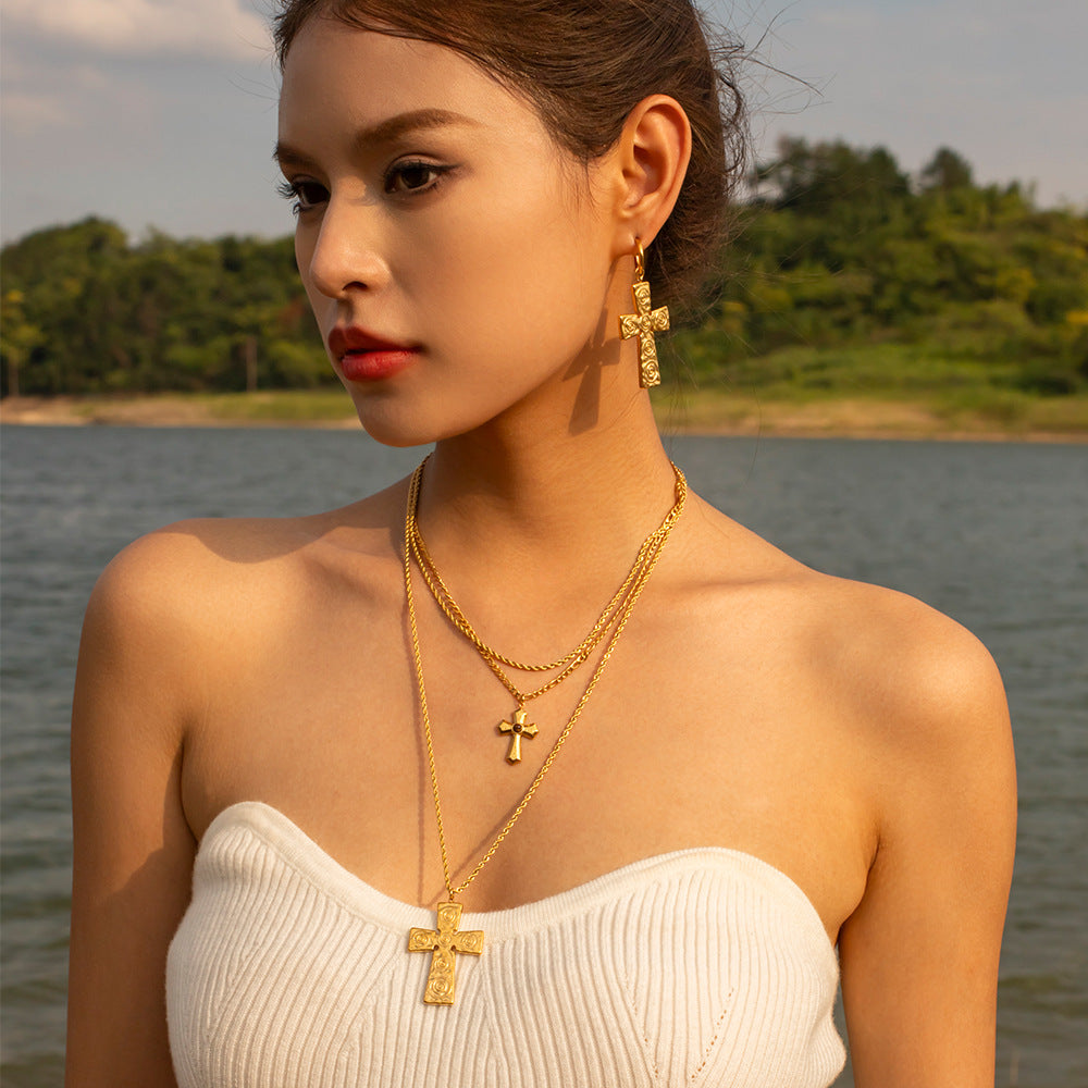 Wholesale Medieval Style Threaded Liquid Pleated Gold Cross Double Layer Necklace Stainless Steel ACC-NE-Wanx001