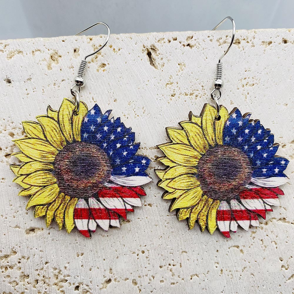 Wholesale Sunflower Wooden Leopard Print Earrings