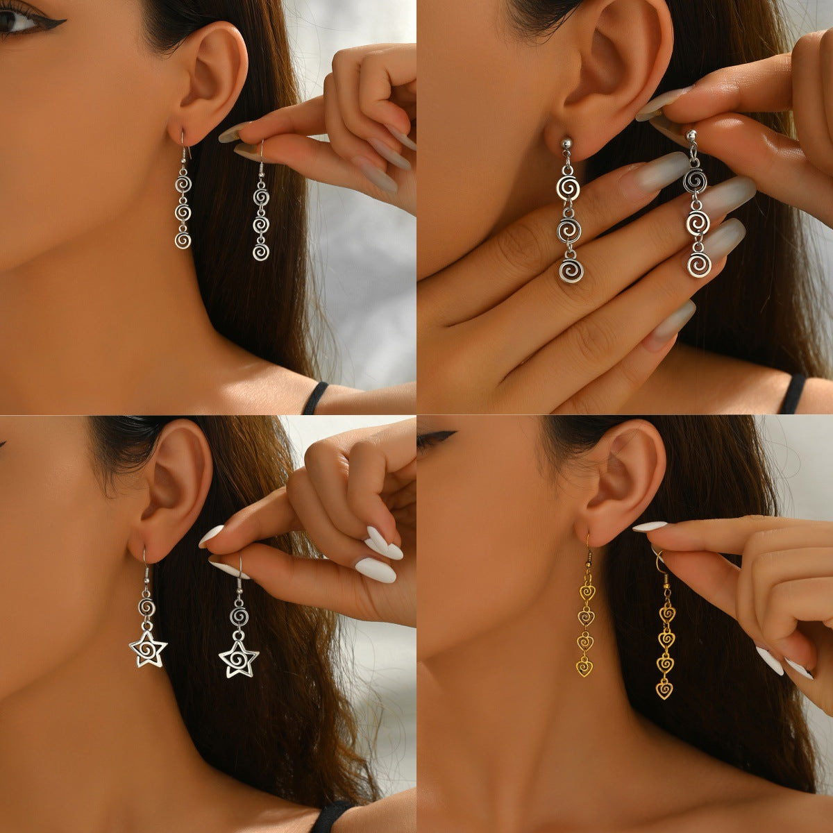 Wholesale Punk Cowboy Long Earrings Antique Silver Star Swirl Alloy Jewelry Fashion Accessory Party Wear Boutique
