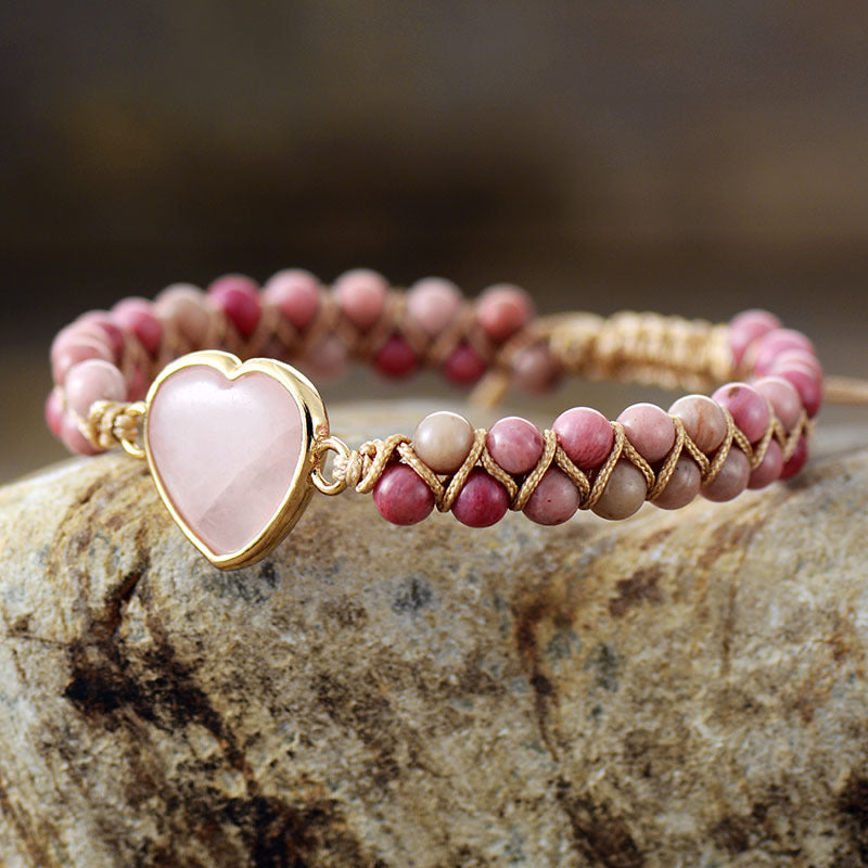 Wholesale Valentine's Day Heart Double Layer Natural Stone Handwoven Adjustable Bracelet