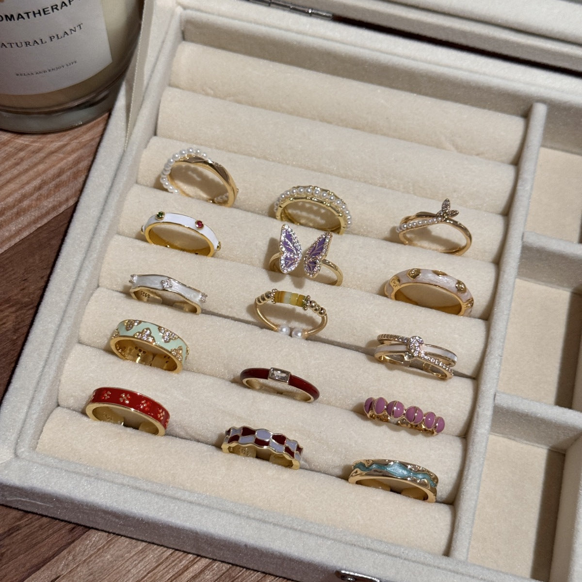 Wholesale Colored Enamel Butterfly Ring Pearl Open Ring ACC-RS-Yues008