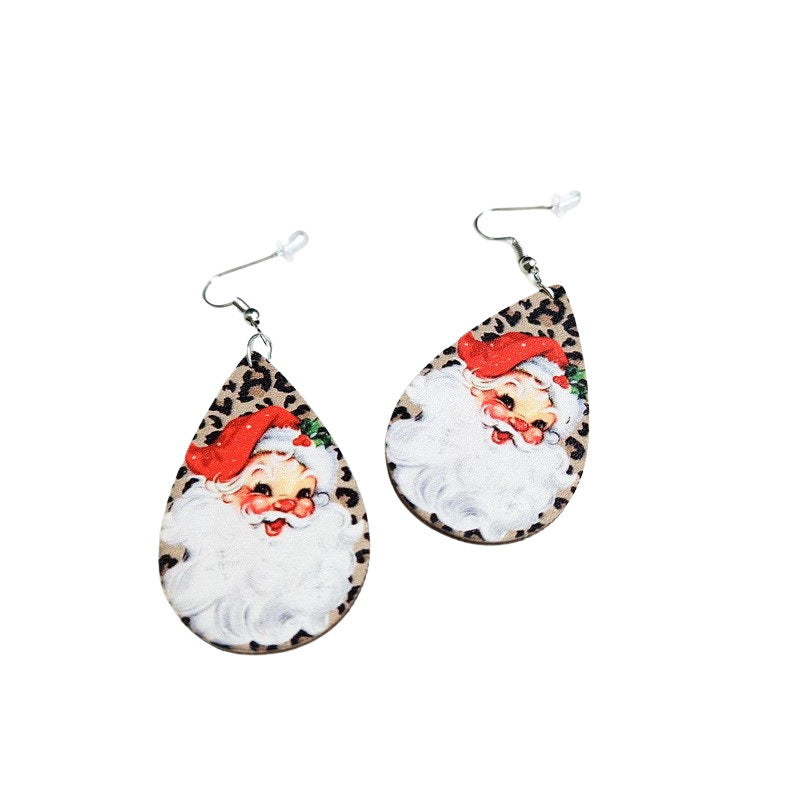 Wholesale Wood Pink Water Drops Leopard Print Santa Book Christmas Tree Earrings