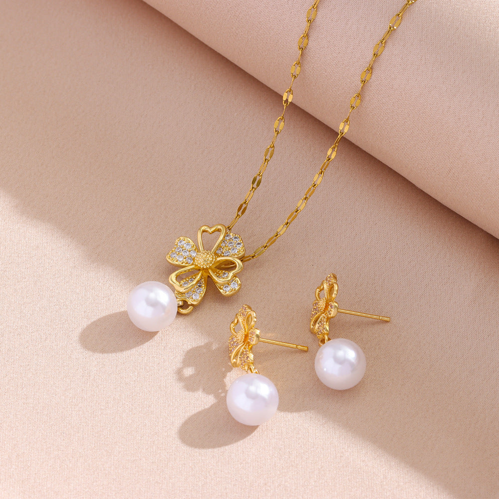 Wholesale Titanium Steel Classic Retro Micro-inlaid Flower  Pearl Necklace Earrings Jewelry Set