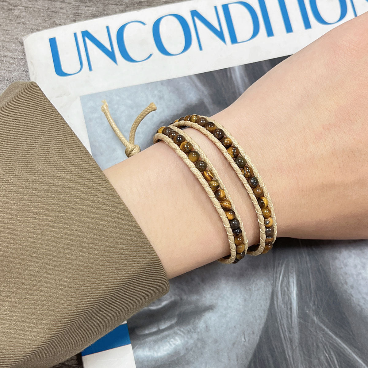 Wholesale Bohemian Tiger Eye Stone Natural Stone Leather Cord Braided Bracelet Stainless Steel Bracelets ACC-BT-HongMing009