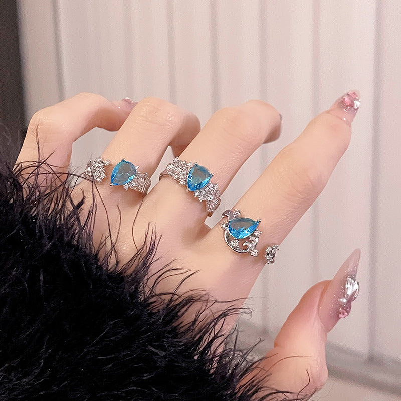 Wholesale Fairy Style Aquamarine Open Ring Water Drop Full Diamond Stacking Ring ACC-RS-JiuHao010