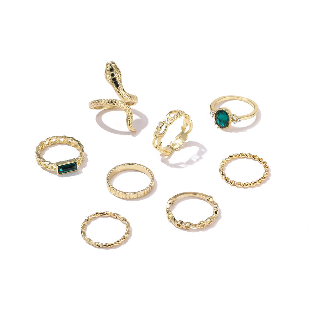 Wholesale Snake Totem Ring Set 8 Pcs Gold Twist Chain Green Stone Fashion Accessory Jewelry Gift