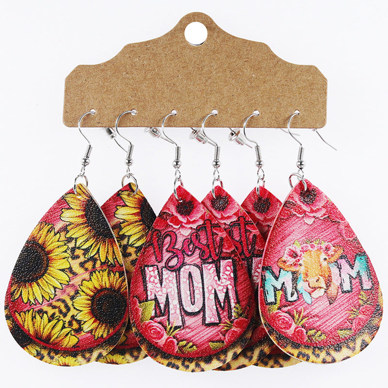 Wholesale Mother's Day Teardrop Shape Leather Floral Earrings Cow Pattern Set ACC-ES-Mijun004