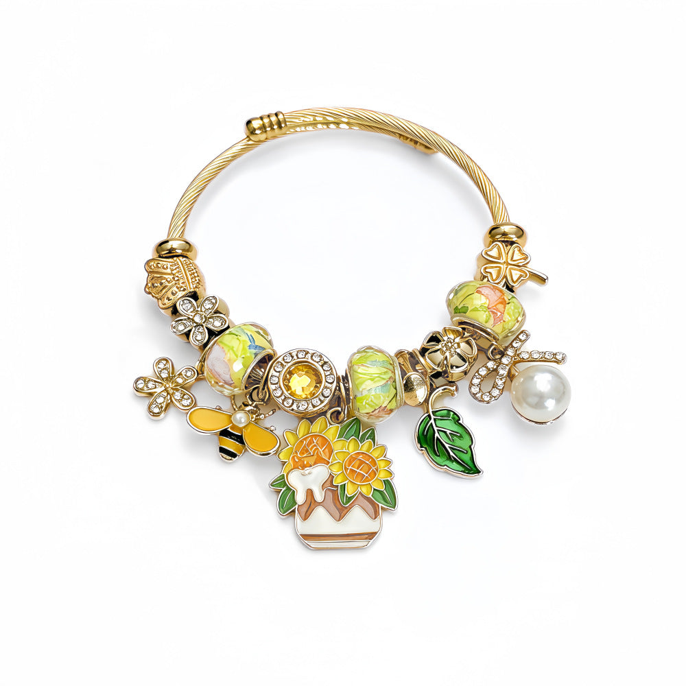 Wholesale Trendy DIY Glass Bead Bracelet With Sunflower Bee Pearl Pendant Adjustable Stainless Steel Women S Fashion Accessory