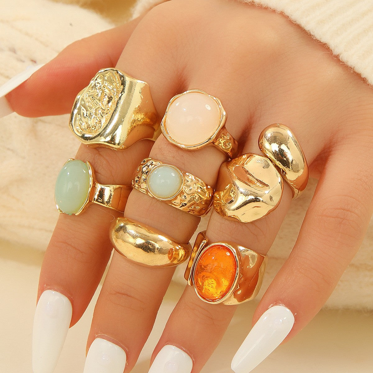 Wholesale Chic Zinc Alloy Ring Set Gold Tone Moonstone Style 5 Piece Fashion Accessory Boutique Resale