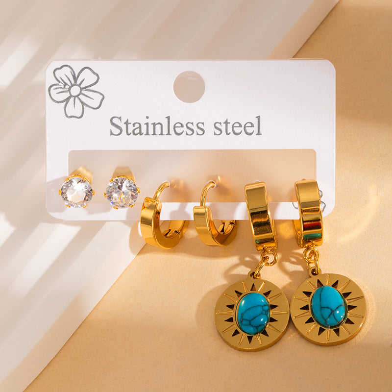 Wholesale Vintage Stainless Steel Earrings with Turquoise Rhinestones Fashion Accessory
