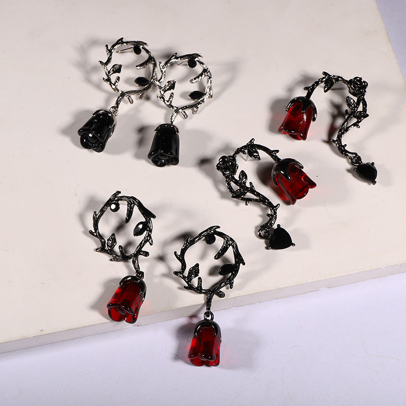 Wholesale Halloween Dark Style Wind Thorn Rattan Red Rose Flower Earrings ACC-ES-KMan001