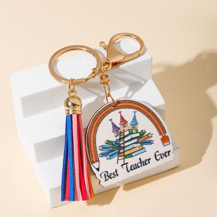 Wholesale Rainbow Teacher’s Day Wooden Sign Tassel Keychain ACC-KC-RongR043