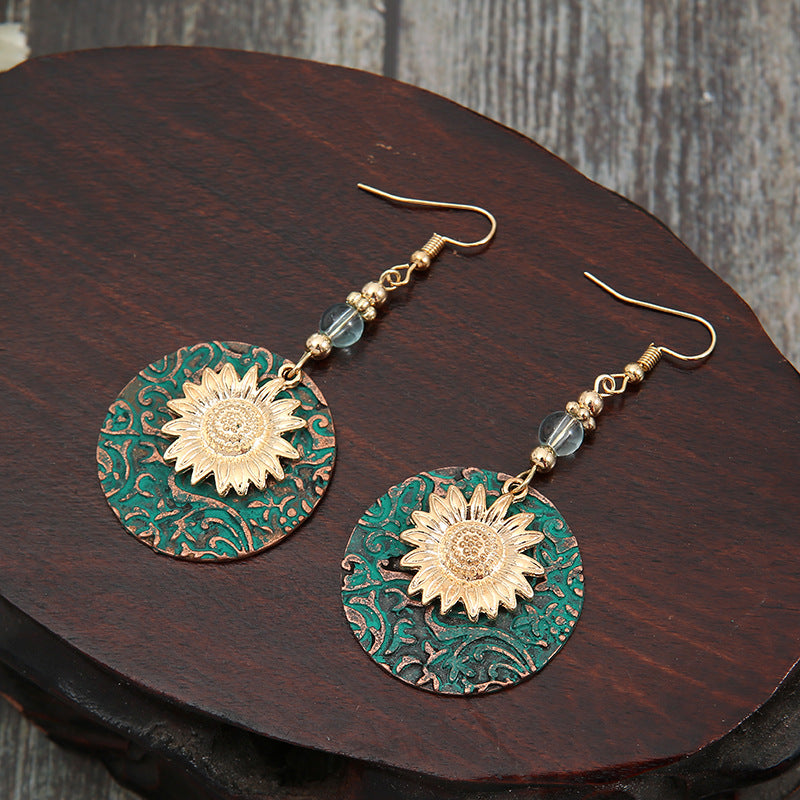 Wholesale Retro Bohemian Double-Layer Sunflower Earrings,  Alloy Electroplated Jewelry Accessory for Boutique Resale
