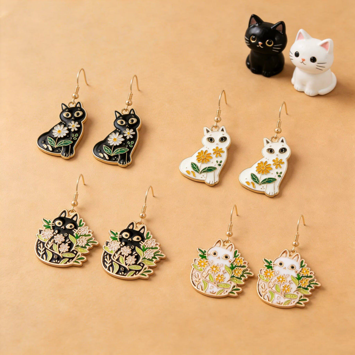 Wholesale Cartoon Cat Flower Black Enamel Earrings Cute Kitten Pendant Fashion Jewelry Accessory for Women Boutique Gift