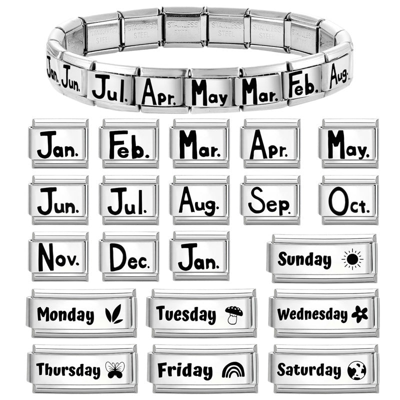 Wholesale Italian Calendar-Themed DIY Modular Bracelet Black White Stainless Steel for Jewelry Accessory Everyday Wear