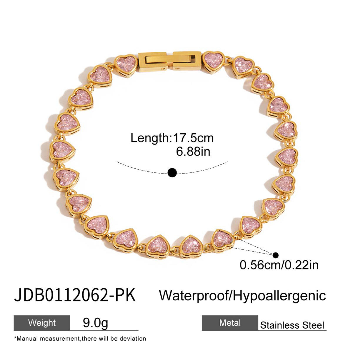 Wholesale  18K Gold Stainless Steel Round Pink Zircon Jewelry Buckle Tennis Chain Bracelet