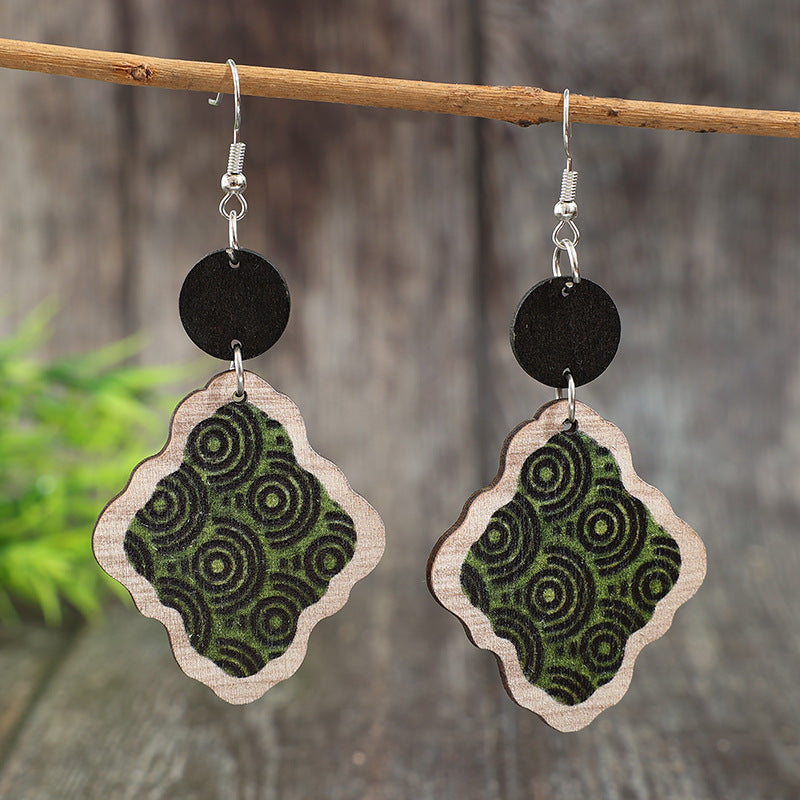 Wholesale Retro Green Swirl Pattern Bohemian Wooden Earrings Fashion Accessory Gift