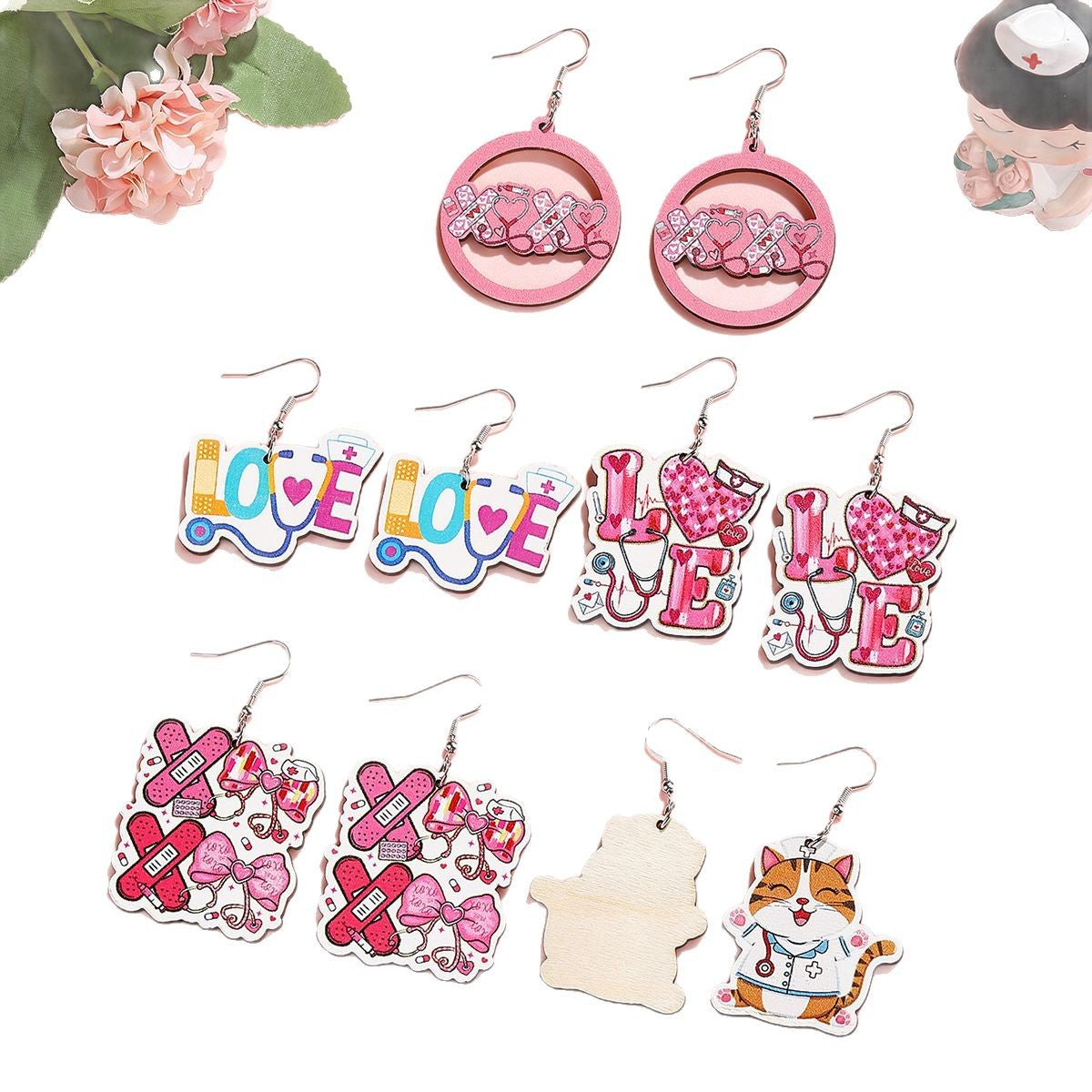 Wholesale Nurse Festival Love Wooden Earrings Cute Cartoon Cat Nurse Earrings