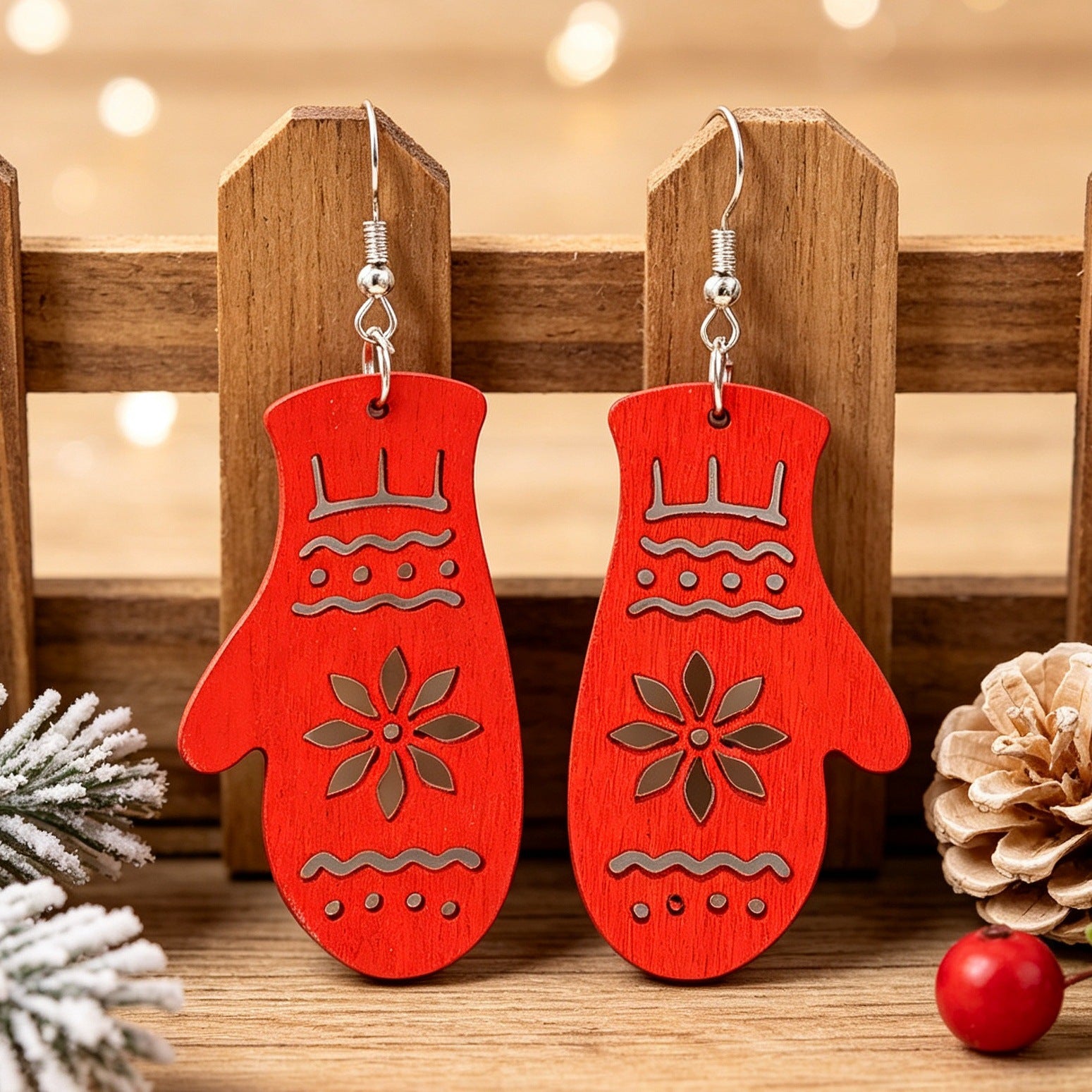 Wholesale Christmas Red Glove Print Wooden Earrings Hollow Design Gift Fashion Jewelry Accessory