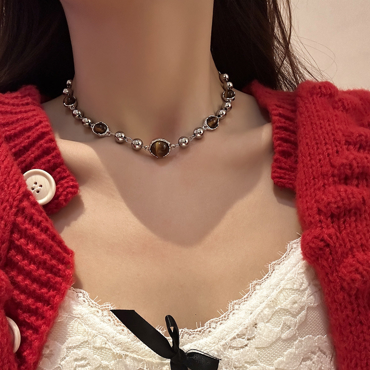 Wholesale Tiger Eye Stone Beaded Necklace Collarbone Sweater Chain Choker Necklace Titanium Steel ACC-NE-NS004