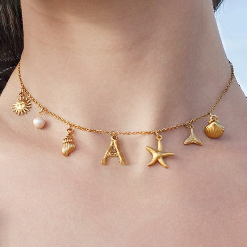 Wholesale Bohemian Shell Starfish Gold Electroplated Copper Alphabet Pendant Necklace for Women Fashion Accessory