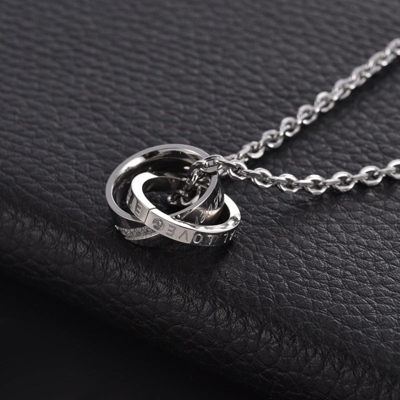 Wholesale Double-ring Couple Diamond Titanium Steel  Necklace