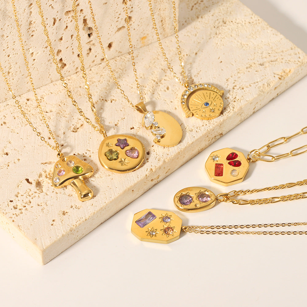 Wholesale colorful geometric zircon pendant stainless steel plated 18K gold necklace