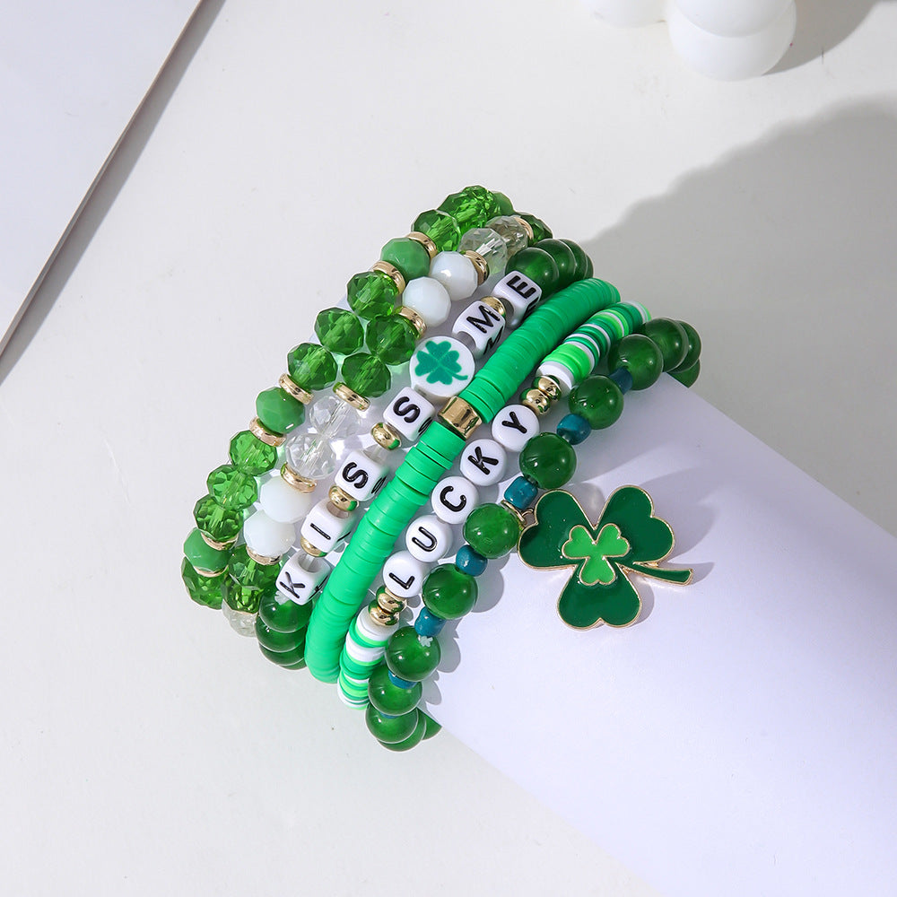 Wholesale St. Patrick's Day Green Crystal Four Leaf Clover Bracelet Set