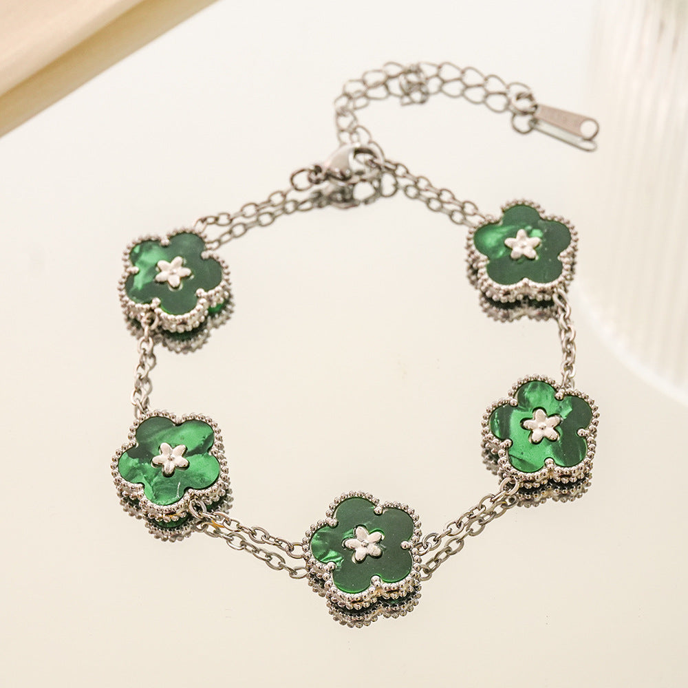 Wholesale Five Leaf Clover Floral Design Stainless Steel Bracelet Stylish Everyday Jewelry Accessory Boutique Resale Gift