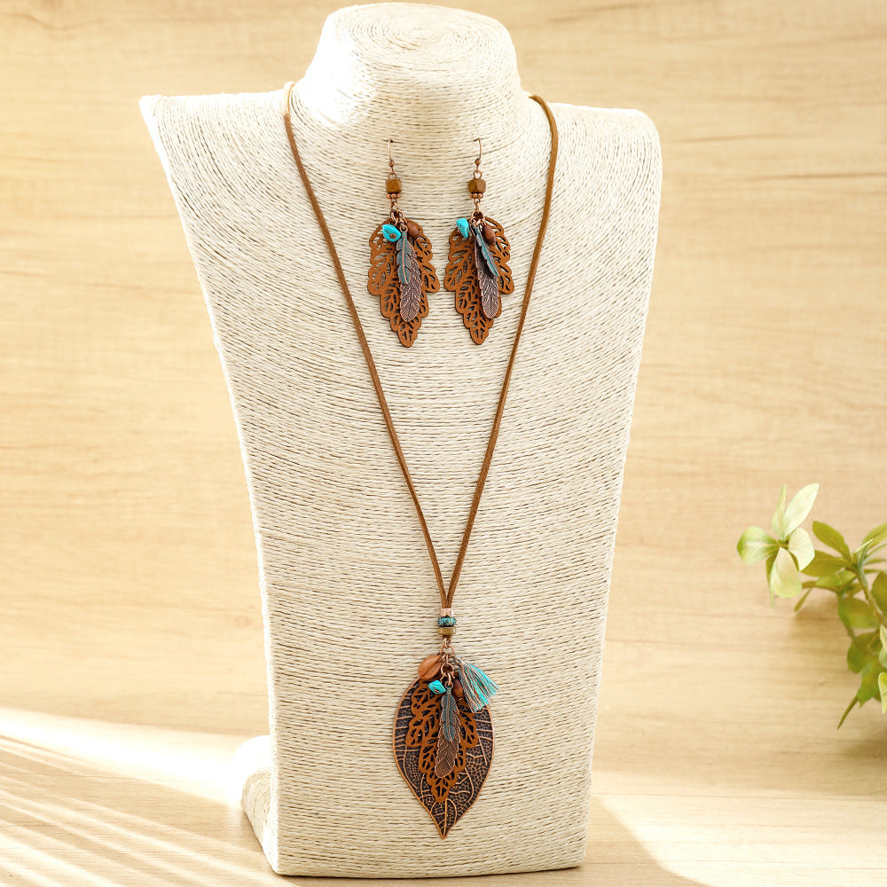 Wholesale European and American Cross-Border New Hot Selling Bohemian Style Retro Fashion Earrings Necklace Personalized Ethnic Style Leaf Earrings