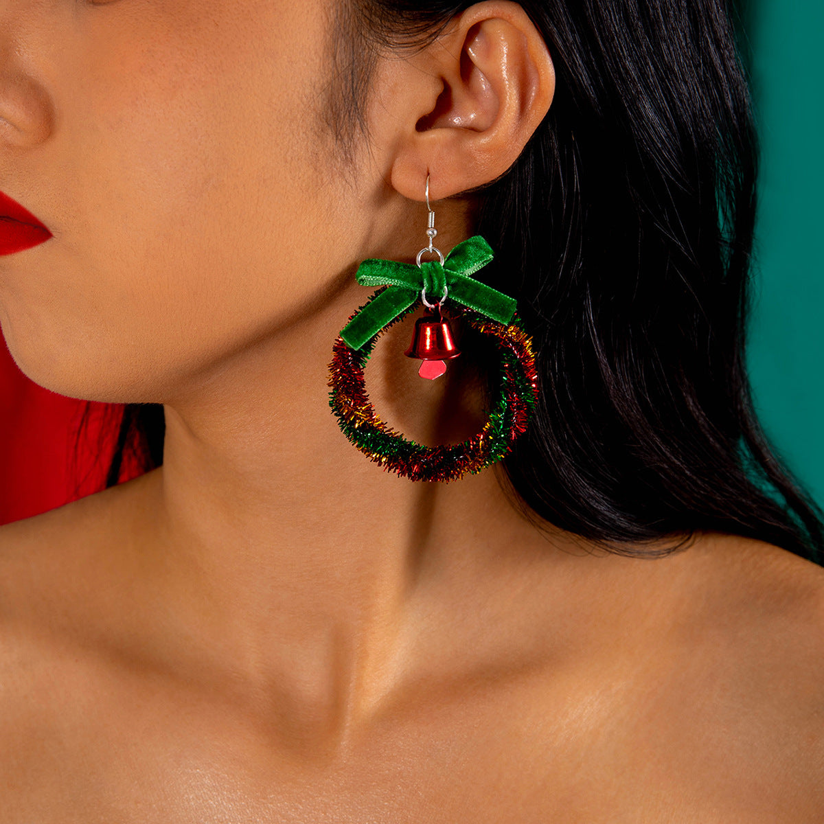 Wholesale Christmas tree bow color wreath earrings