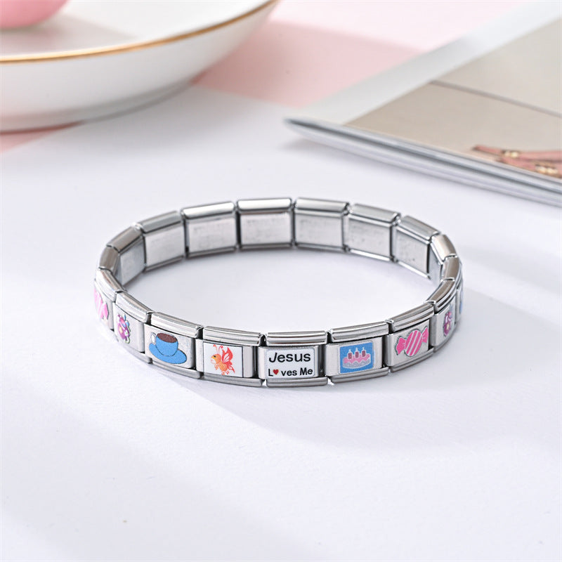 Wholesale Stainless Steel Modular Elastic Bracelet Square Train Card Printed Fashion Accessory