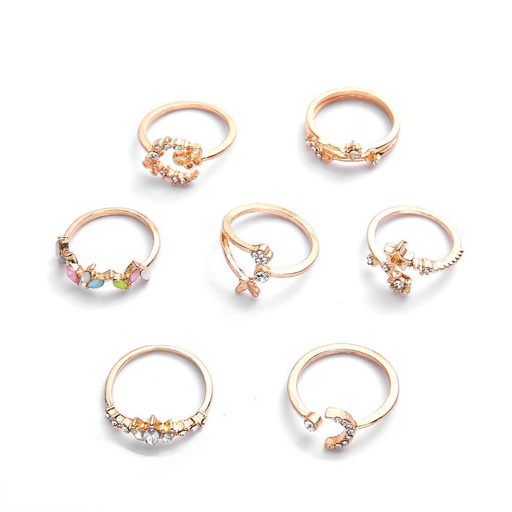 Wholesale butterfly flower diamond colorful  moon star five-pointed ring set
