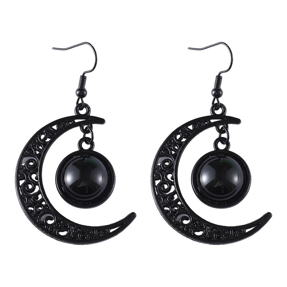 Wholesale Halloween Hollow Black Moon Long Tassel Gemstone Earrings