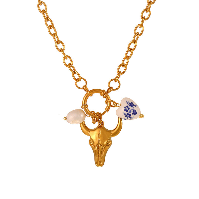 Wholesale Western cowboy boots titanium steel bull' s head  Necklace