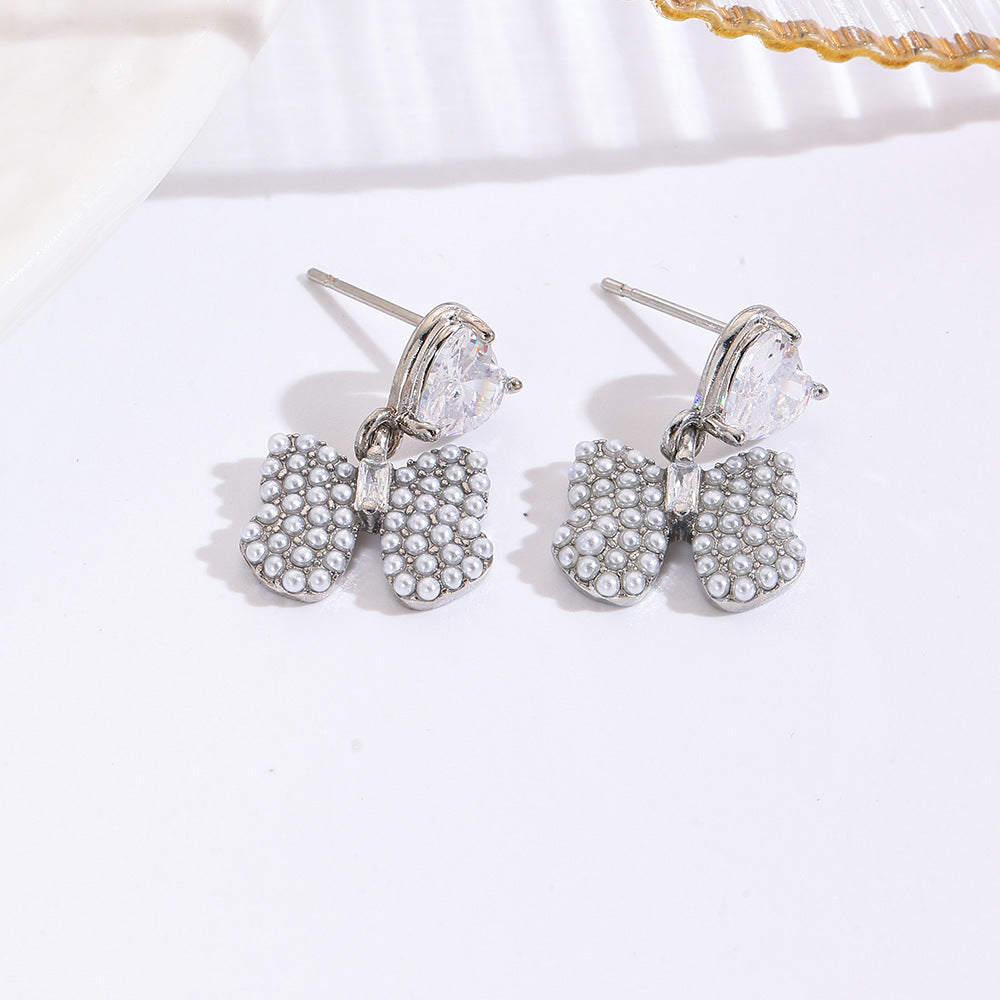 Wholesale Micro-Paved Zircon  Pearl Bow Earrings