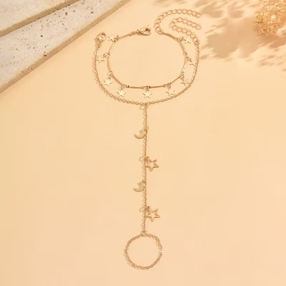 Wholesale Chic Gold Moon Star Pendant Bracelet And Finger Chain Set Women S Travel Souvenir Fashion Accessory