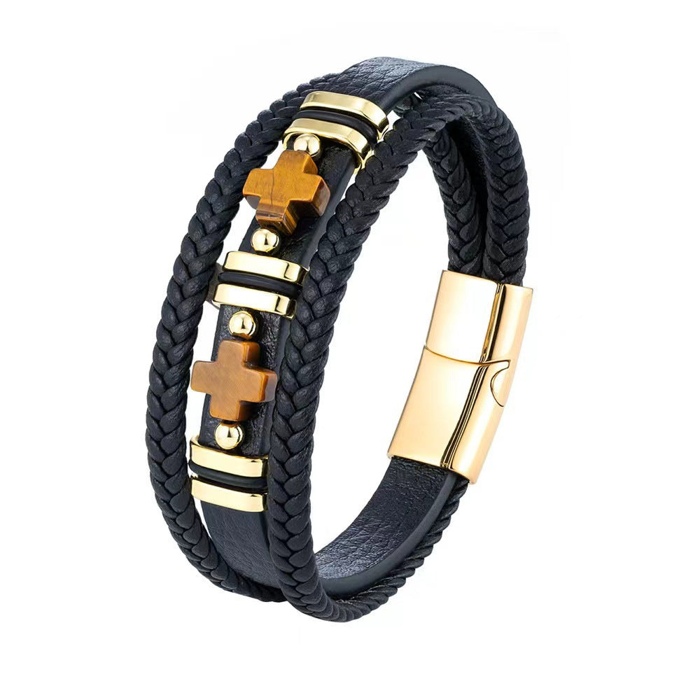Wholesale Leather Bracelets Men's Tiger Eye Stone Bracelet Cross Bracelet ACC-BT-Yima014