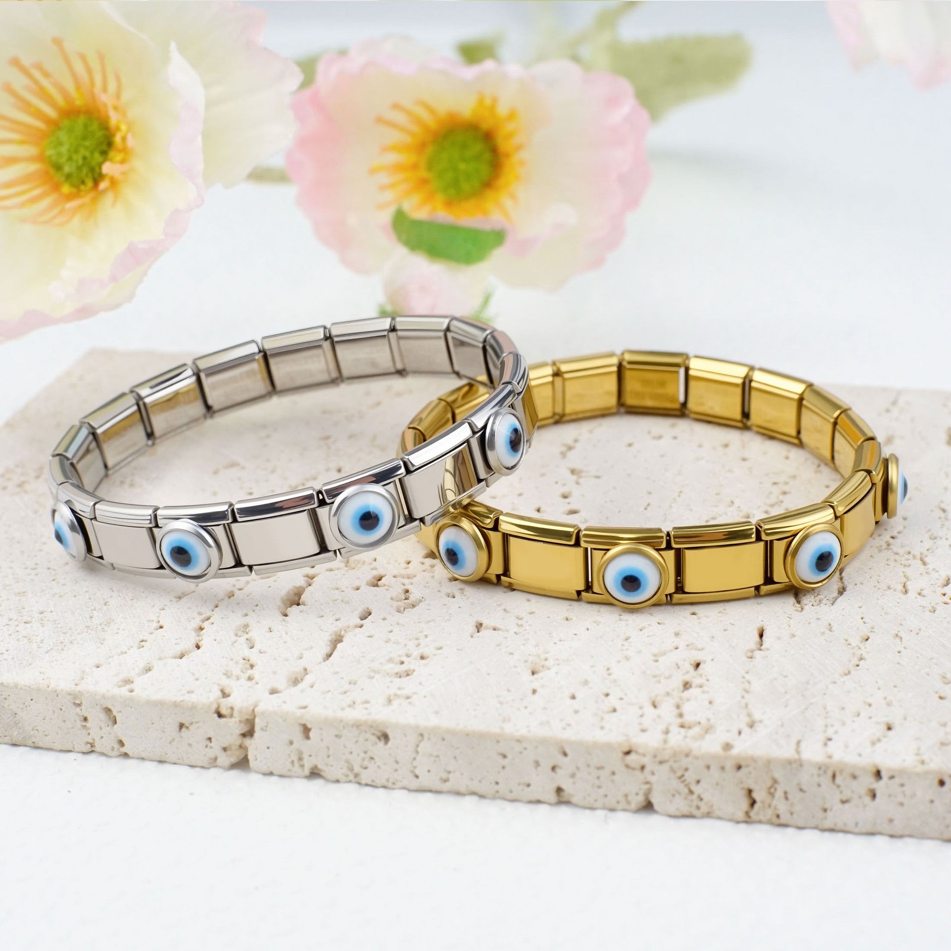 Wholesale 2pcs/pack 9mm Italian Charm Starter Bracelets DIY square Single Section Devil Eye Creative Stainless Steel Composable Bracelet