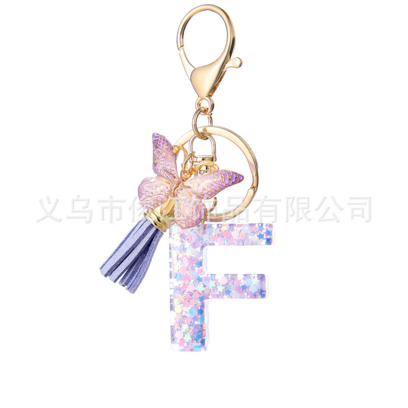 Wholesale Purple Star Tassel Resin Keychain 26 English Letters Bag Charm For Women Students Fashion Decorative Accessory