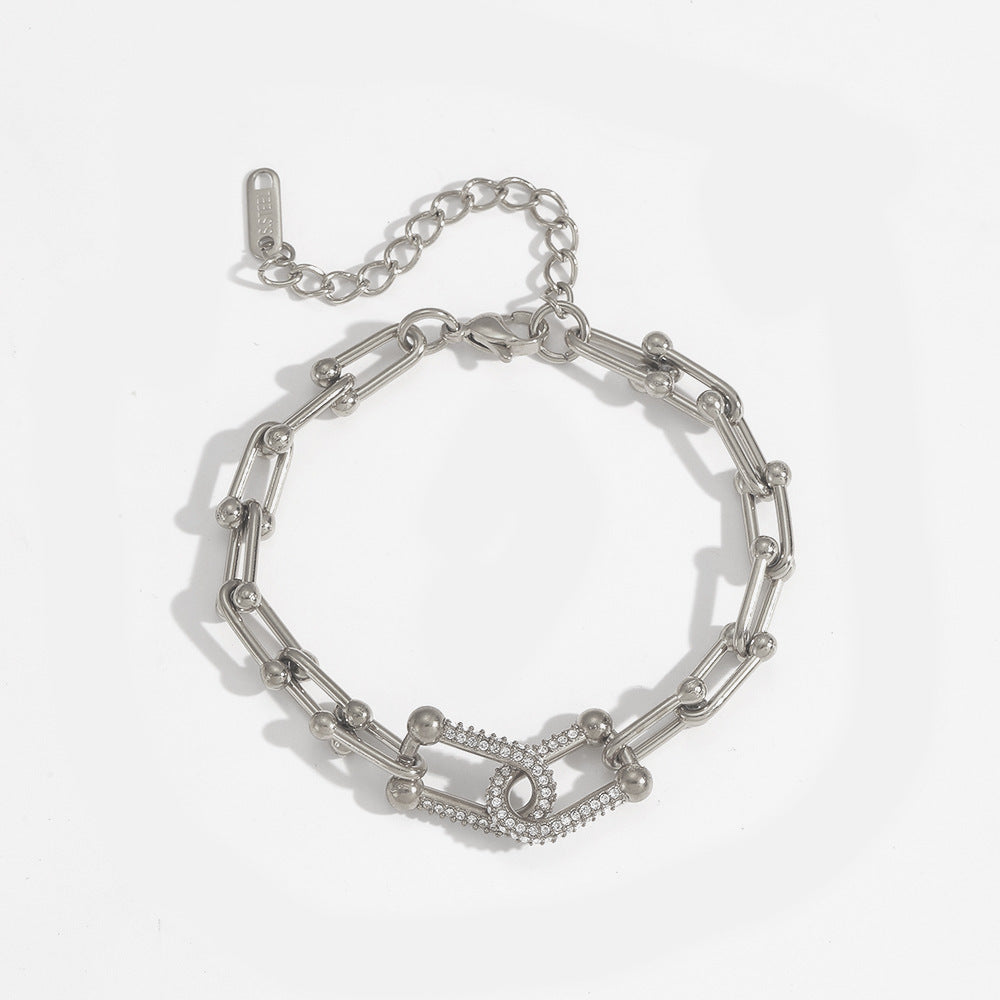 Wholesale Cross-Border Horseshoe Titanium Steel Bracelet with a High-End Feel and Diamond Inlays Ins Stainless Steel Bracelet Set